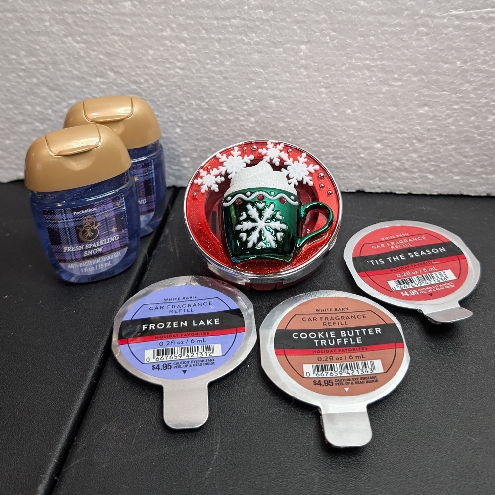 6 Piece Holiday Set Festive Mug Car Fragrance Holder, Scents, Sanitizer